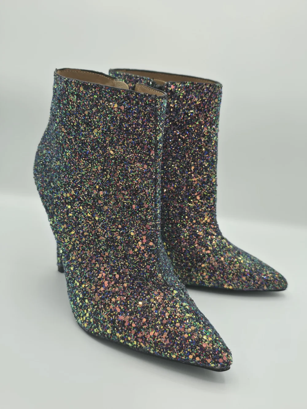Qupid Multicolor Glitter Pointed Toe Ankle Booties